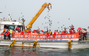 한화토탈에너지스 임직원들과 지역 주민들이 삼길포 앞바다에서 치어를 방류하는 모습